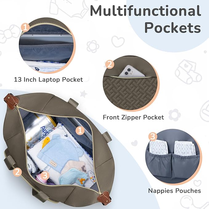 Diaper Bag Tote, Baby Bag Travel Diaper Tote Bag with Pacifier Case, Cute Maternity Hospital Baby Stylish Diaper Tote for Mom Dad Medium Size, Khaki
