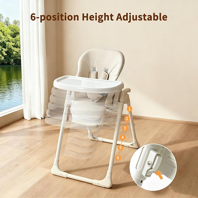 High Chair, Foldable High Chairs for Babies and Toddlers, Adjustable Height, Backrest and Footrest, Removable Tray, Beige