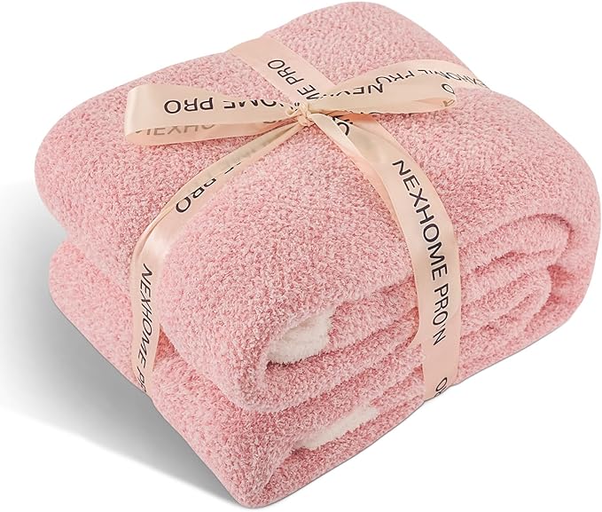 NEXHOME PRO Soft Blankets Pink Twin Size, Cozy Throw Blanket for Couch, Warm Reversible Knit Blanket for Women, Fuzzy Lightweight Throws for Sofa, Bed, Picnic, Heather Hot Pink, 60 x 80 inches