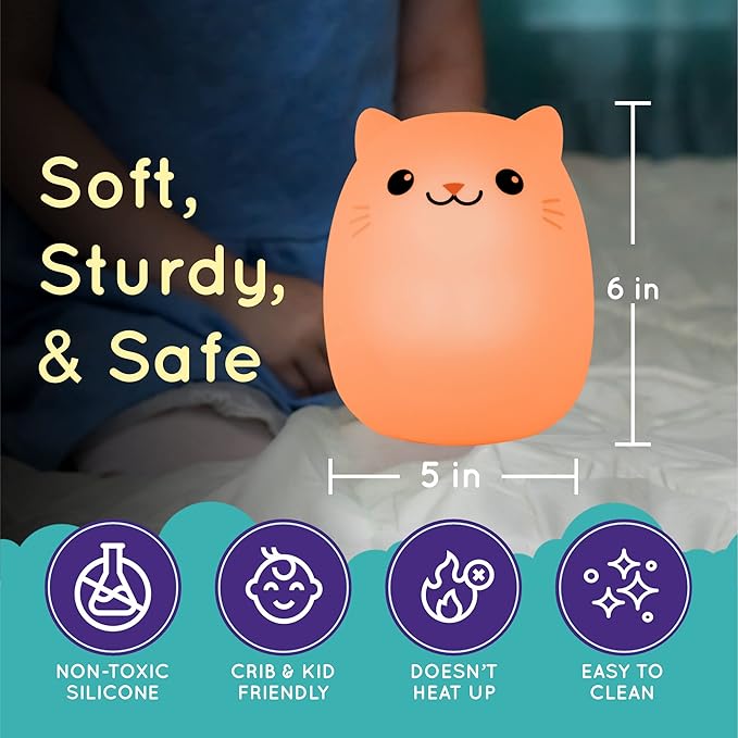 Lumipets Clive The Cat Squishy Silicone Night Light for Kids | Cute Night Light with Remote & Touch Control for Baby & Toddler Bedrooms | Color Changing Portable Animal Nightlight | Kids Mood Lamp