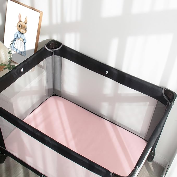 Pack and Play Sheets Fitted 4 Pack, Breathable Baby Playard Mattress Sheet Compatible with Graco Pack n Play, Mini Crib Sheets Fitted for Girls, Pink & Purple Playpen Mattress Sheets