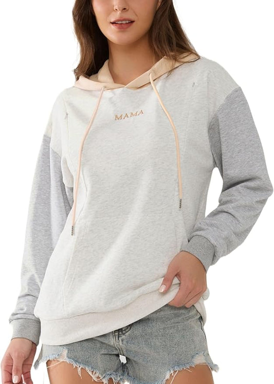 Nursing Hoodie for Breastfeeding Maternity Sweatshirt with Zippers Postpartum Nursing Top Colorblock Clothes