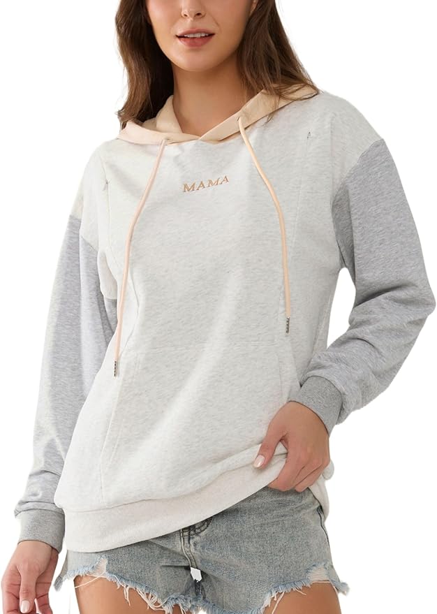Nursing Hoodie for Breastfeeding Maternity Sweatshirt with Zippers Postpartum Nursing Top Colorblock Clothes