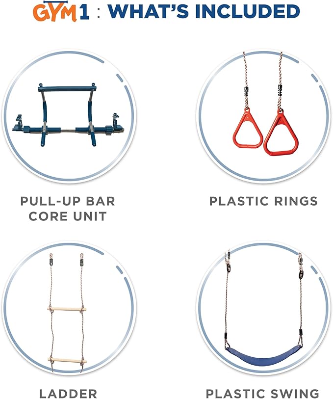 Gym1 Indoor Doorway Gym for Kids & Adults - 4-Piece, Blue - Swing Set with Sensory Swing, Pull Up Bar & Grip Rings, Agility Ladder - 300 lb Capacity