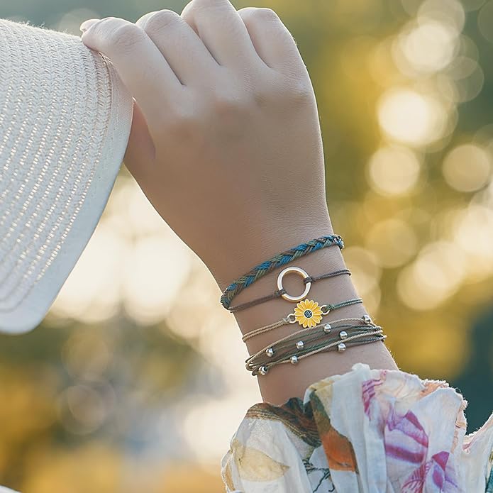 FANCY SHINY Sunflower String Bracelet Boho Braided Rope Wrap Bracelets Cute Summer Beach Surfer Jewelry for Women Christmas Gifts