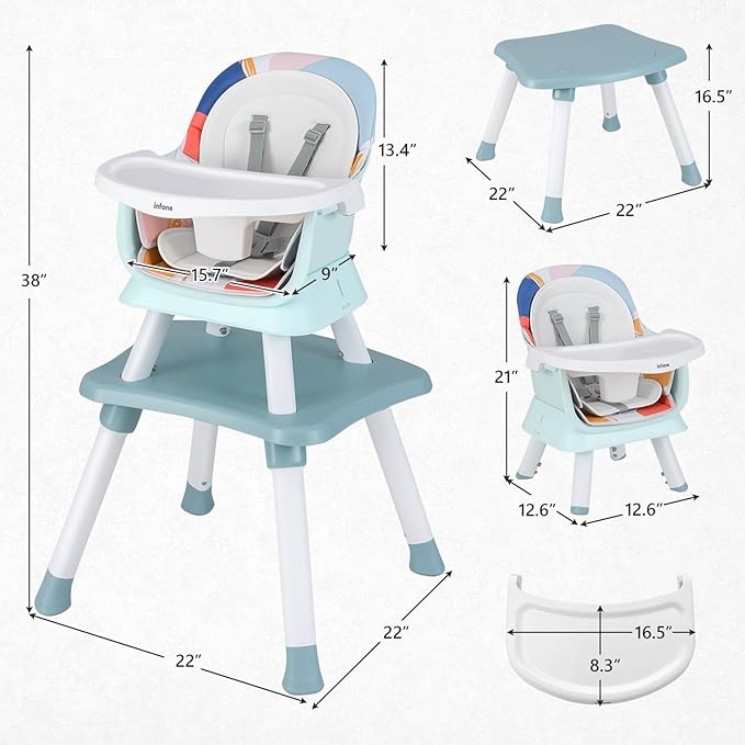 INFANS 8 in 1 Baby High Chair, Convertible Highchair for Babies and Toddlers, Infant Dining Booster Seat, Building Block Table, Kids Stool Table Chair Set with Removable Tray (8 in 1, Baby Blue)