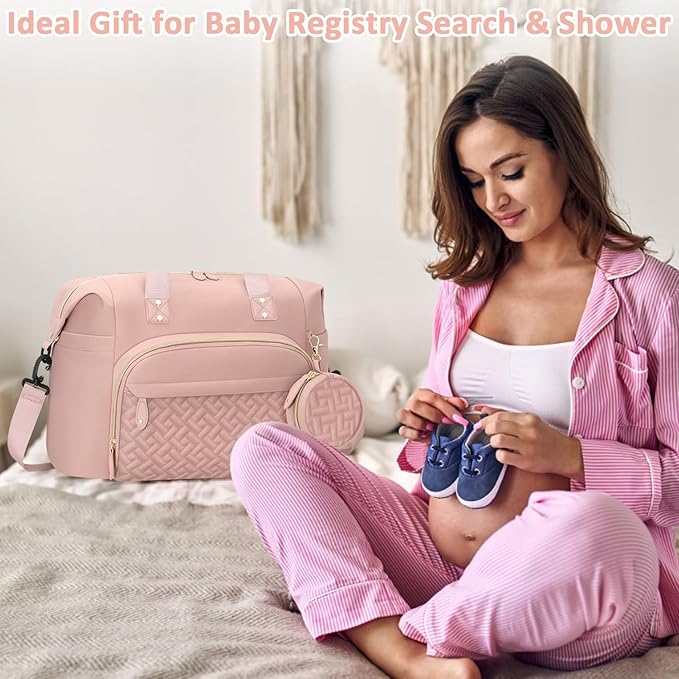 Diaper Bag Tote, Baby Bag Travel Diaper Tote Bag with Pacifier Case, Cute Maternity Hospital Baby Stylish Diaper Tote for Mom Dad Pink