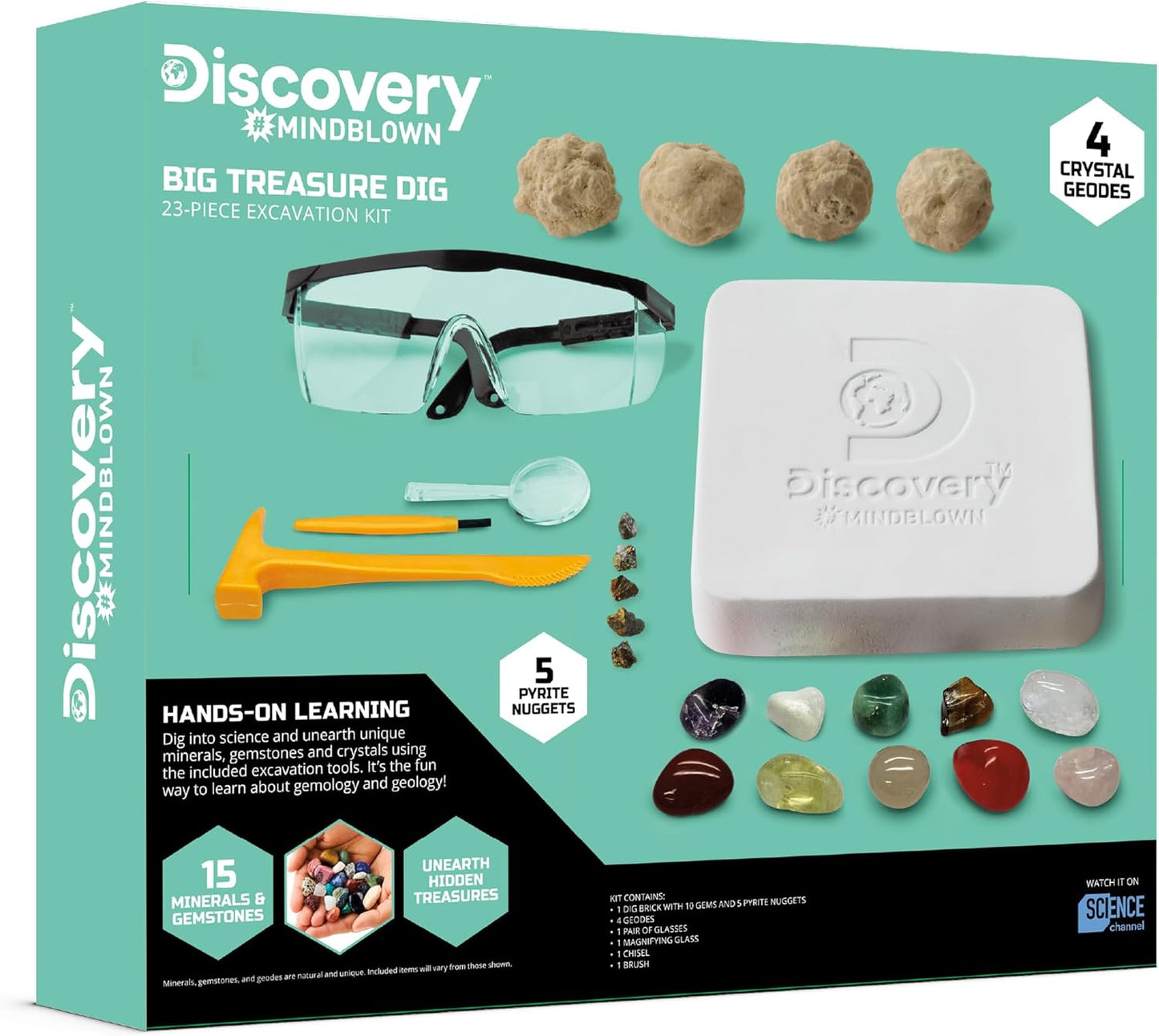 Discovery™ Big Treasure Dig STEM Kit – 23-Piece Excavation Set for Kids| Dig for 15 Gemstones, 4 Crystal Geodes & Pyrite Nuggets| Real Tools| Educational Geology Toy| Science Activity Gift| Ages 8+