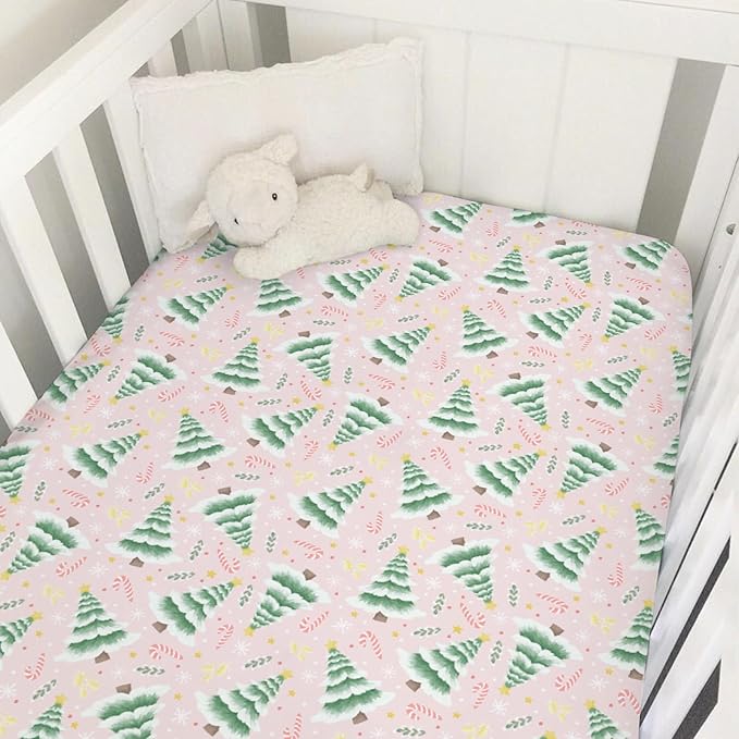 Pink Winter Forest Baby Crib Sheets 52''x28'' Christmas Trees Candy Snowflakes Snug Fitted Crib Mattress Cover for Boy Girl Green Pine Forest Soft Baby Bed Sheet for Standard Crib Toddler Mattress