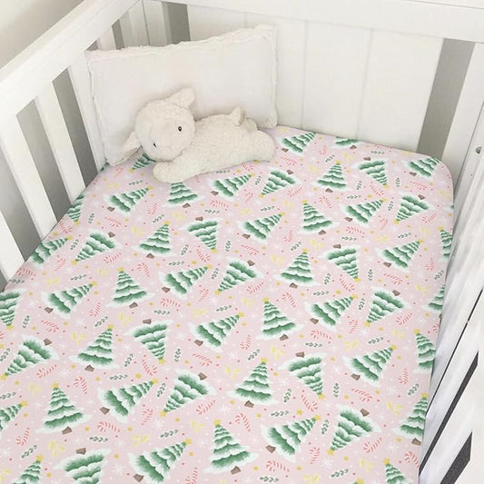Pink Winter Forest Baby Crib Sheets 52''x28'' Christmas Trees Candy Snowflakes Snug Fitted Crib Mattress Cover for Boy Girl Green Pine Forest Soft Baby Bed Sheet for Standard Crib Toddler Mattress