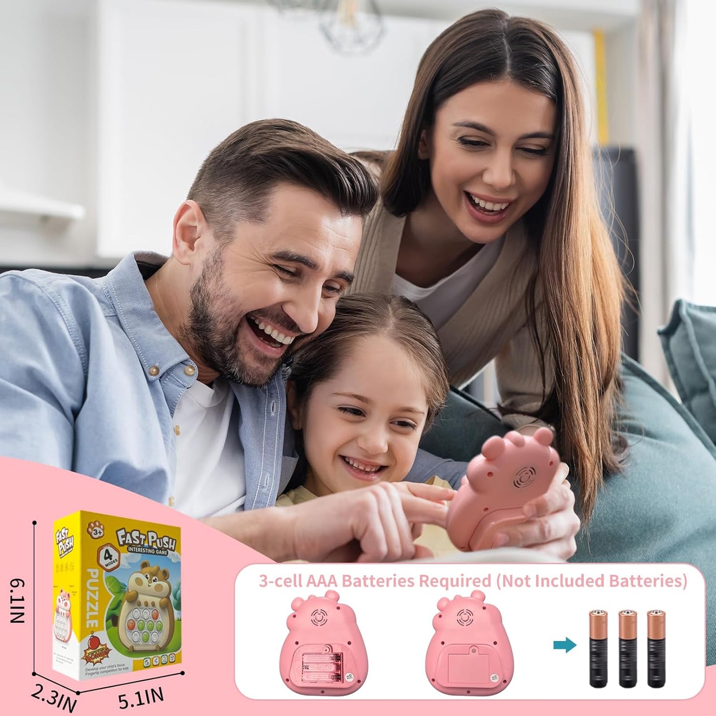 Pop Quick Push Game Light Up Fidget Toys Handheld Puzzle Press Popping Game Console for Kids Ages 3+ Adult Pink Hamster