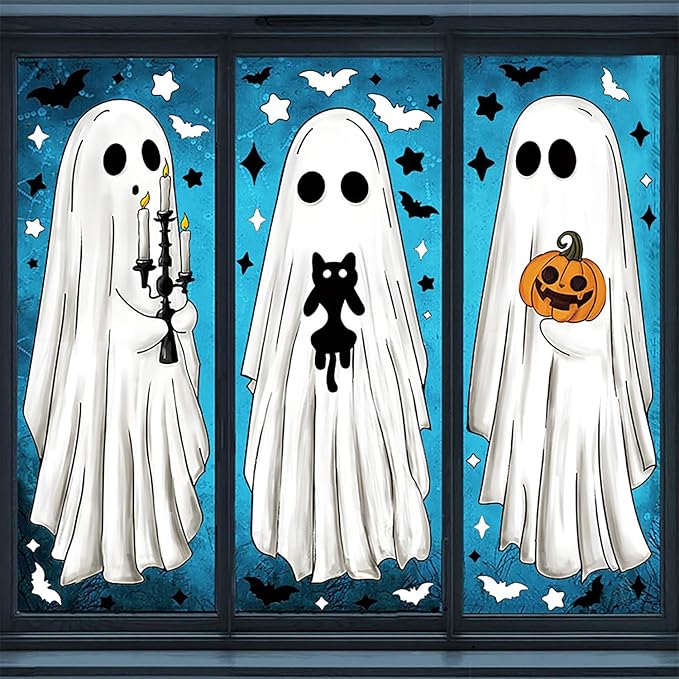 3 Sheets Extra Halloween Ghost Window Clings Cute Extra Large White Ghost for Glass Window Decorations Halloween Bat Cat Pumpkin Window Stickers Decals for Home Office Party Decor