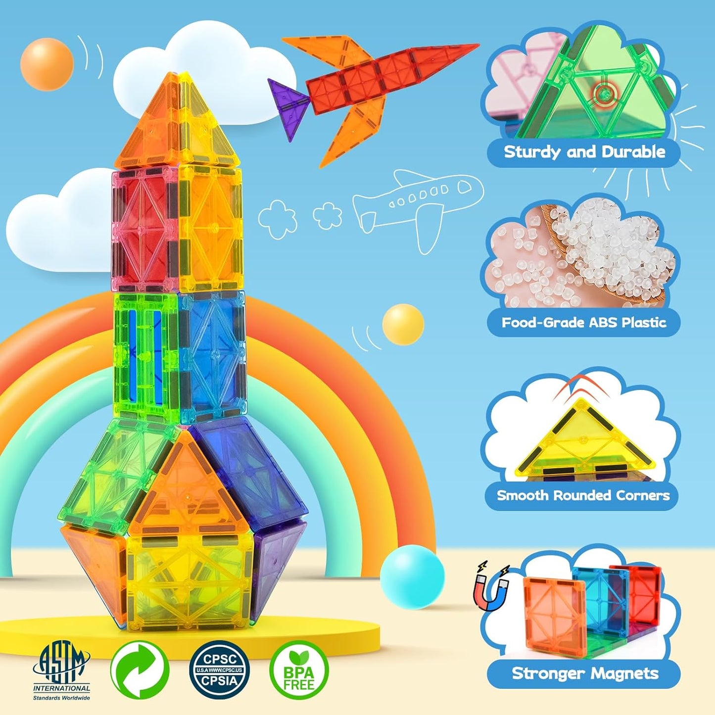 EchoPlan Magnetic Tiles,Deluxe 130 PCS Magnetic Blocks with 2 Cars,Magnet Tiles Building Blocks Set,STEM Preschool Sensory Educational Toys Gifts for Toddlers Kids Boys 3 4 5 6 7 8 9+ Year Old