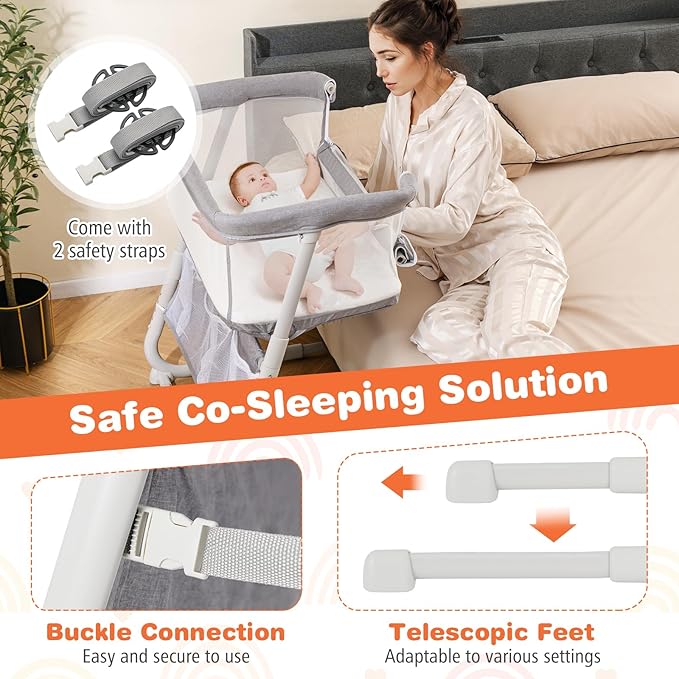 BABY JOY Bassinet, Bedside Crib w/Adjustable Height, Comfy Mattress, Full-Mesh Sides and Storage Pockets for Newborns Infants, Baby Bassinets Bedside Sleeper for Safe Co-Sleeping