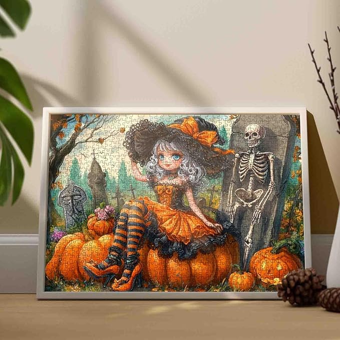 1000 Piece Jigsaw Puzzle for Adults Halloween Witch Fantasy Puzzle with Pumpkins Skeleton and Graveyard – Spooky Gothic Art Puzzle for Women Men Teens Family Challenging Fun Halloween Decor Gift
