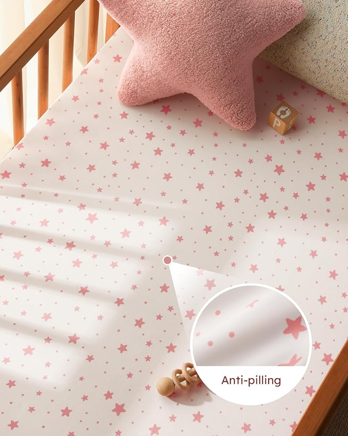 Baby Crib Sheets for Boys Girls, 28x52x8in Fitted Crib Sheet Neutral 3 Pack for Standard Crib and Toddler Mattress, Breathable Soft Microfiber Baby Sheet Pink White Moon