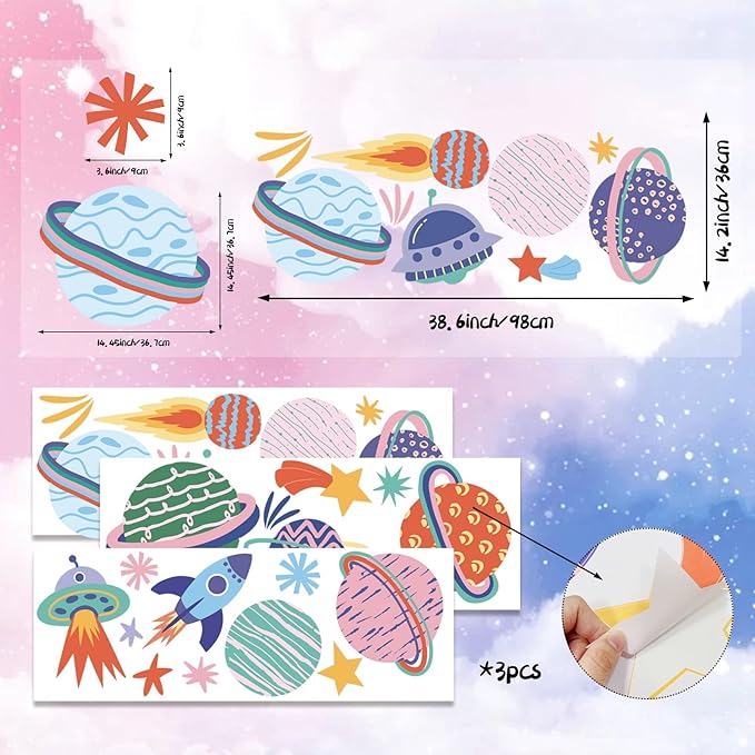 Large Space Wall Decal Stickers Rocket Spaceship Planets Wall Decals Planet Stars Wall Sticker Removable Vinyl Decals Solar System Galaxy Star Space Wall Decor for Nursery Kids Room Girls Boys Bedroom Wall Decor (Multicolor)