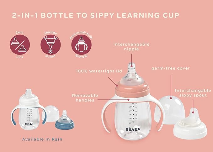 BEABA 2-in-1 Baby Bottle to Transition Sippy Cup, No Spill Sippy Cup, Includes Removable Handles, Silicone Baby Bottle Nipple and Soft Spout, 7 oz (Rain)