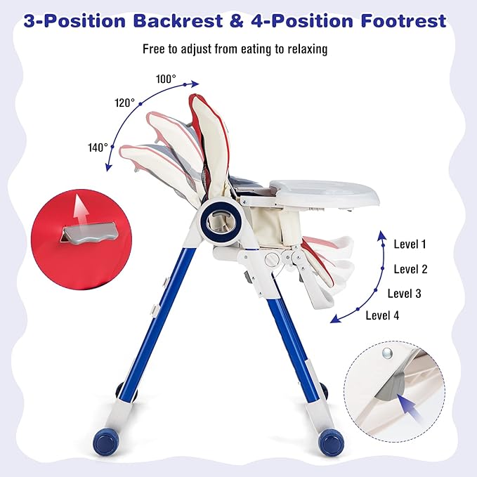 BABY JOY High Chair for Babies & Toddlers, Foldable Highchair with Adjustable Backrest/Footrest/Seat Height, Double Removable Trays, Detachable Seat Cushion, 4 Lockable Wheels (Colorful)