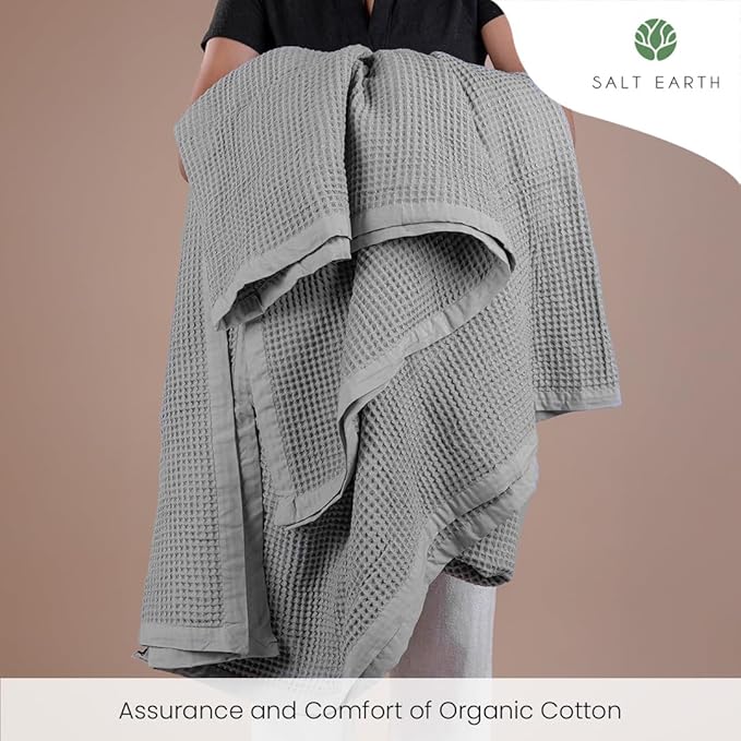 Salt Earth GOTS Certified 100% Organic Cotton Throw Blanket, 90" X 90" Waffle Blankets & Throws for Bed, Throw Blanket for Couch,Modern and Cozy Blanket,All Seasons, Comfy Soft Blanket(Scottish Grey)