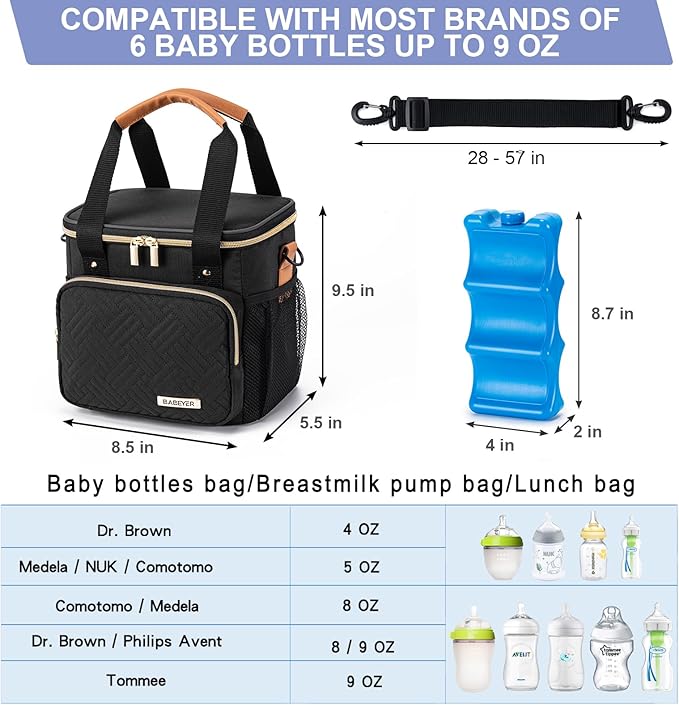 Breastmilk Cooler Bag with Ice Pack Fits 6 Baby Bottles up to 9 Ounce, Breast Milk Pump Cooler Bag for Nursing Mom Daycare, Work, Travel-Black