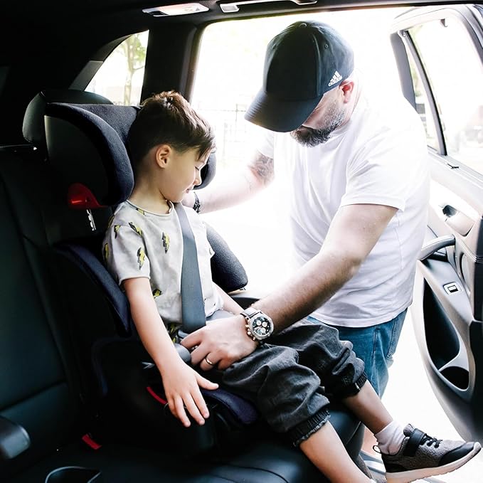 Clek Oobr High Back Booster Seat with Adjustable Headrest, Reclining Design, Latch System, and Retardant-Free Fabric (Railroad Ziip)