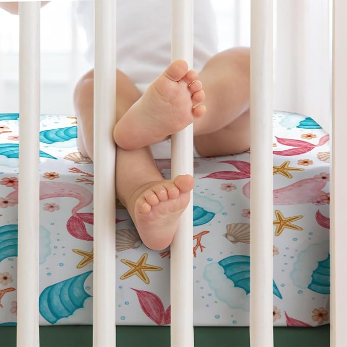 Colorful Nautical Life Baby Crib Sheets 52''x28'' Mermaids Starfish Conch Coral Wave Fitted Crib Mattress Cover for Boy Girl Sea Ocean Animal Nursery Bed Sheets for Standard Crib and Toddler Mattress