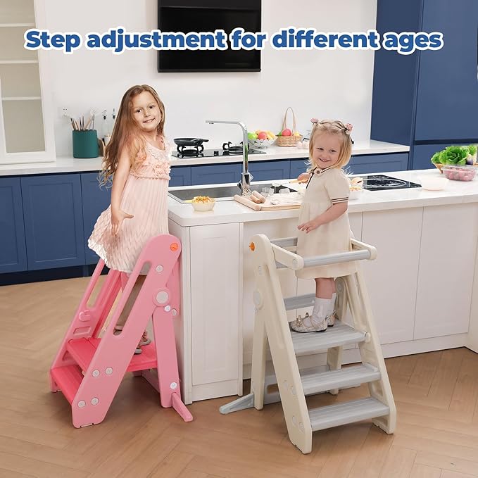 Onasti Toddler Tower Kitchen Stool Helper, Foldable & Adjustable Height Kids Learning Stool for Kitchen Counter Bathroom Sink, Child Ladder for Toddlers with Handles, Safty Rail, Non-Slip Pads-Grey