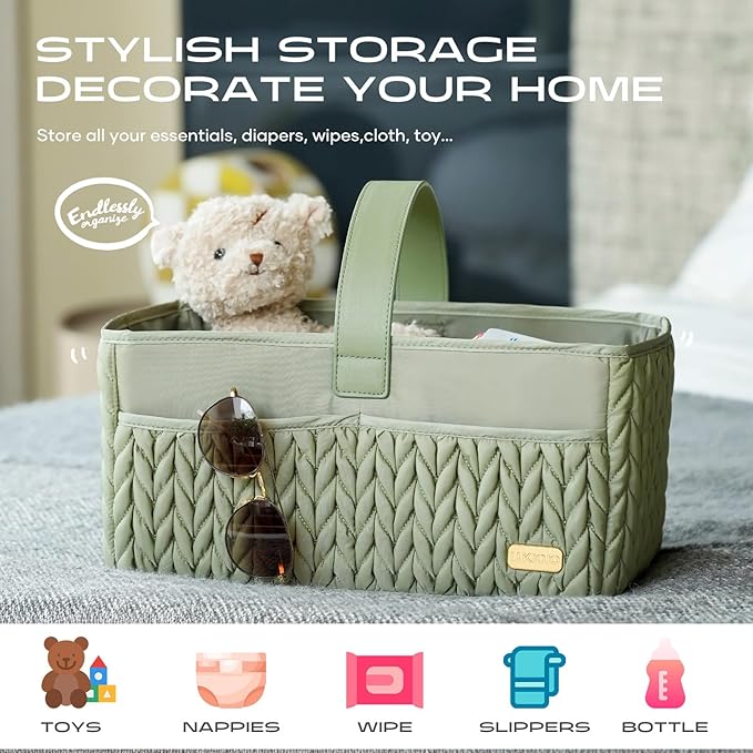 Luxurious Baby Diaper Caddy, Nursery Storage Basket for Newborn Essentials, Travel Baby Basket for Diapers Baby Wipes, Organizer Tote Bag Storage Bin, Baby Shower Gifts(Sage Green)