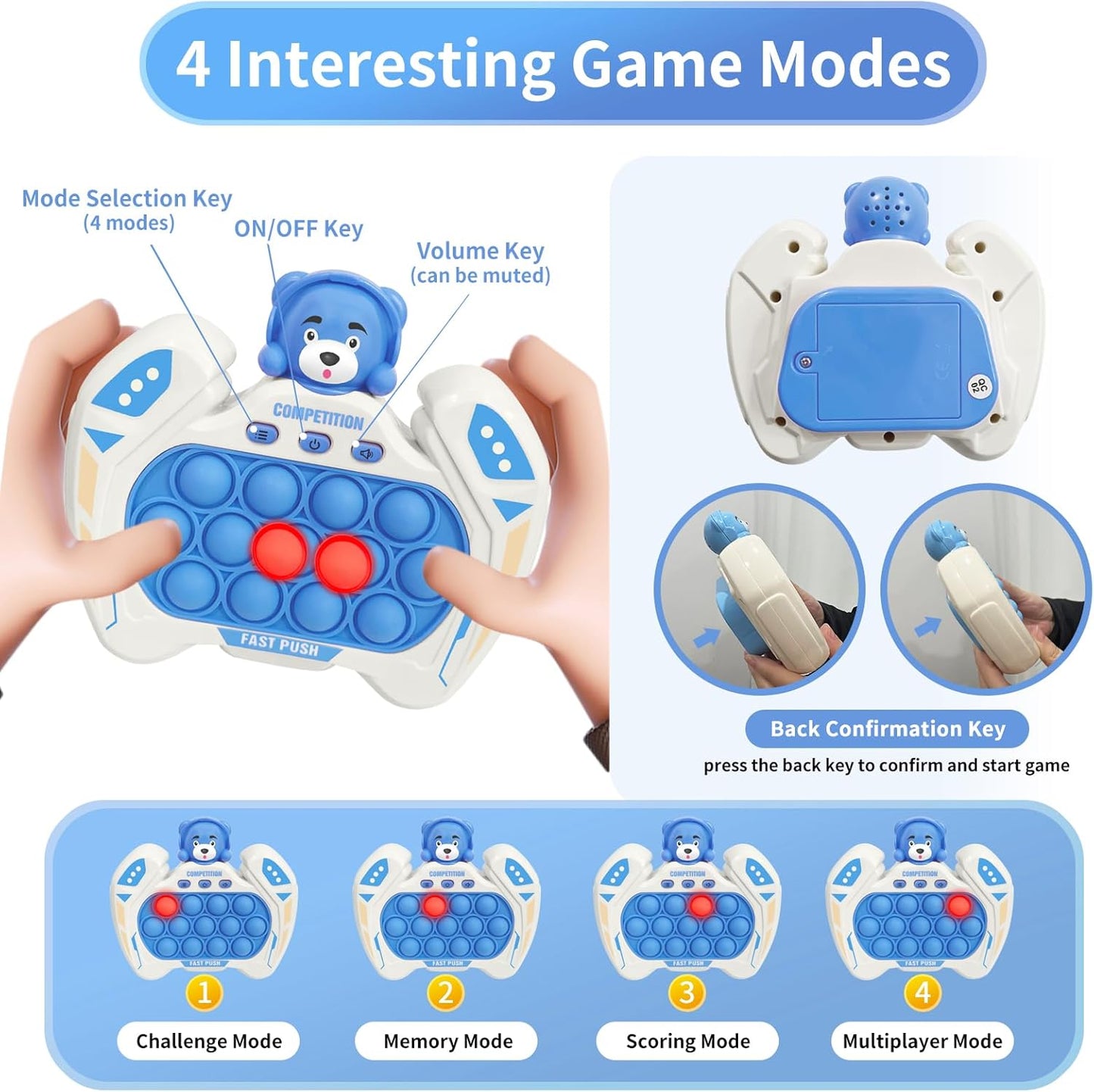 Pop Quick Push Game Console Fidget Toys Light Up Handheld Puzzle Press Popping Toy for Kids Adult Blue Bear