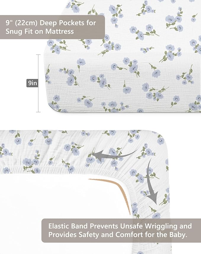Crib Sheets for Baby Boy Girl 2 Pack, Fitted Crib Mattress Sheet 28" x 52", Muslin Toddler Bedding with Neutral Style, Nursery Bedding Essentials (Bluebell Bloom & Light Blue)