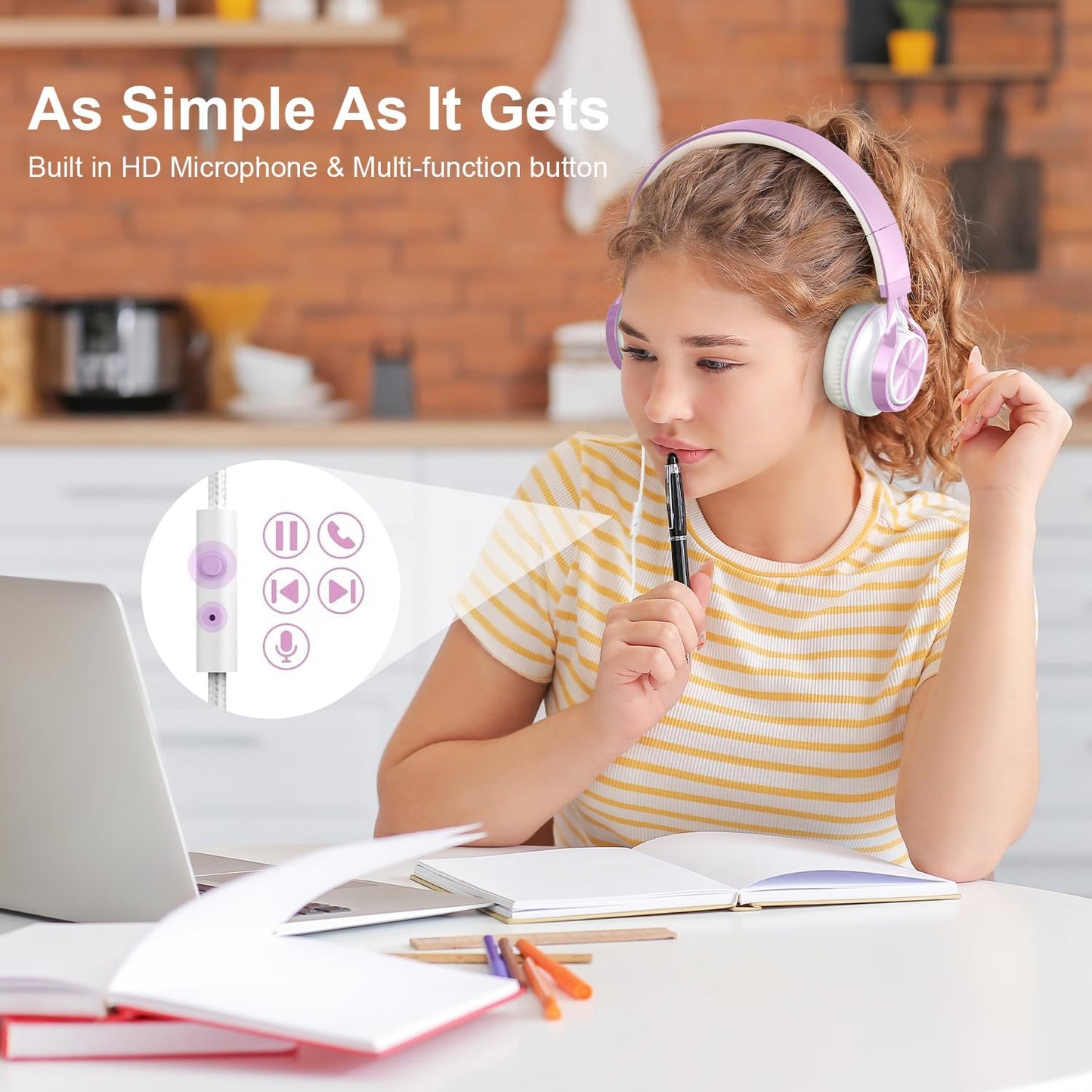 AILIHEN MS300 Purple Girl Headphones Wired with Microphone for Chromebook Laptop Computer, 3.5mm Foldable Lightweight on-Ear Headphones for School Teen Students