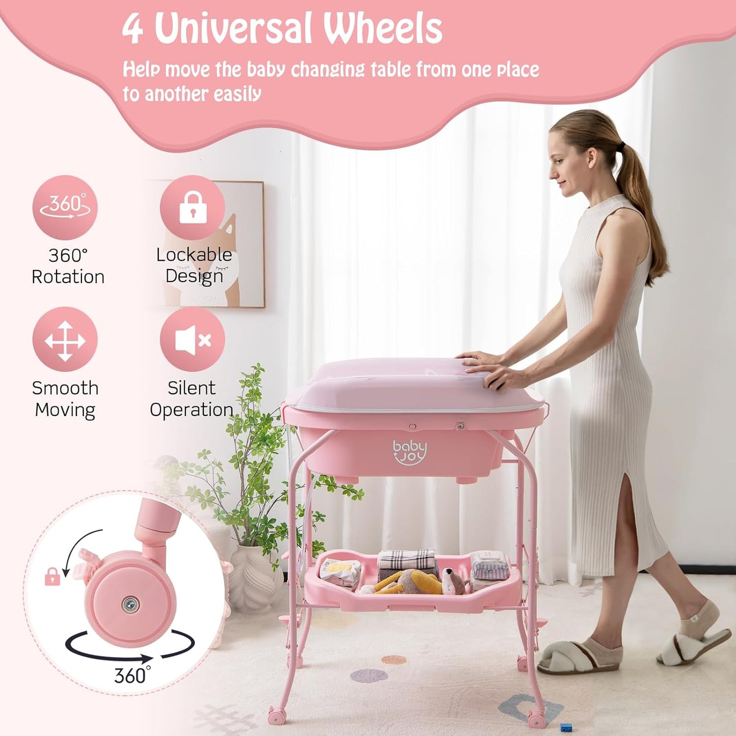 BABY JOY Baby Bathtub with Changing Table, Foldable Infant Diaper Changing Station with Storage Tray, Waterproof Pad, Portable Newborn Nursery Organizer Bath Stand with 4 Universal Wheels (Pink)