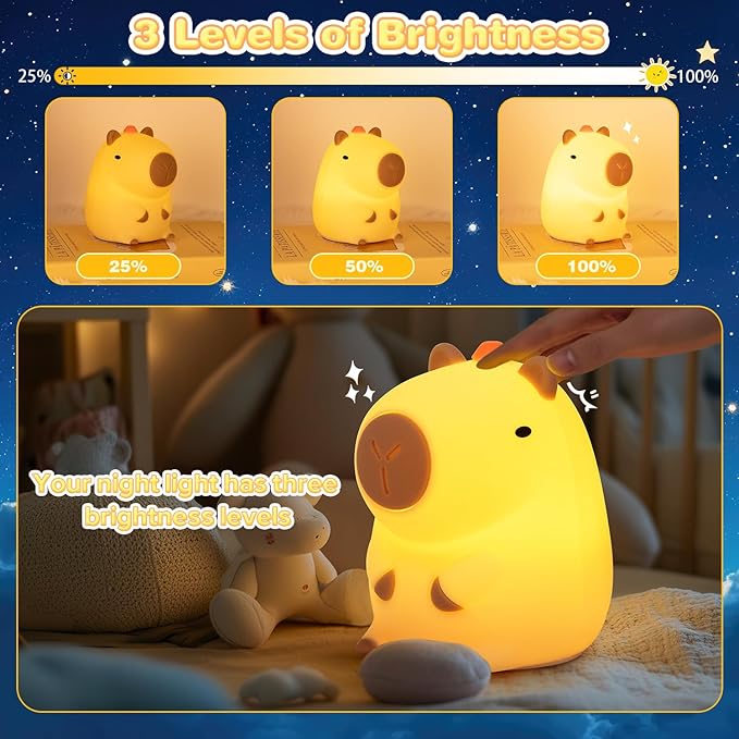 Night Light for Kids, Rechargeable Dimmable Silicone LED Nightlight with 7 Colors, Baby Nursery Night Lamp, Touch Squishy Lamp, Cute Gifts for Girls, Boys, Toddler Room Decor, Capybara