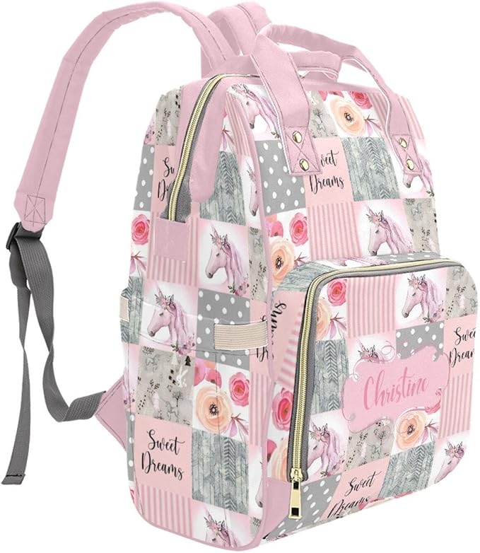Horse Pink Personalized Diaper Bag with Custom Name – Custom Baby Tote Backpack for Mom, Unique Gift for New Parents, Baby Shower Essentials