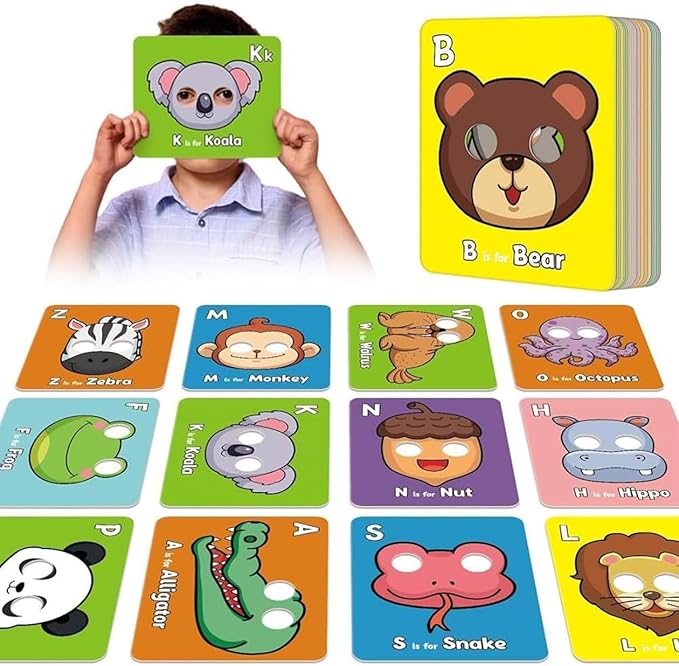Alphabet ABC Flash Cards with Animal Masks, 26 Pcs Animal mask Alphabet Cards, Interactive Education Games, Learn Letters, English Phrases(Colorful)