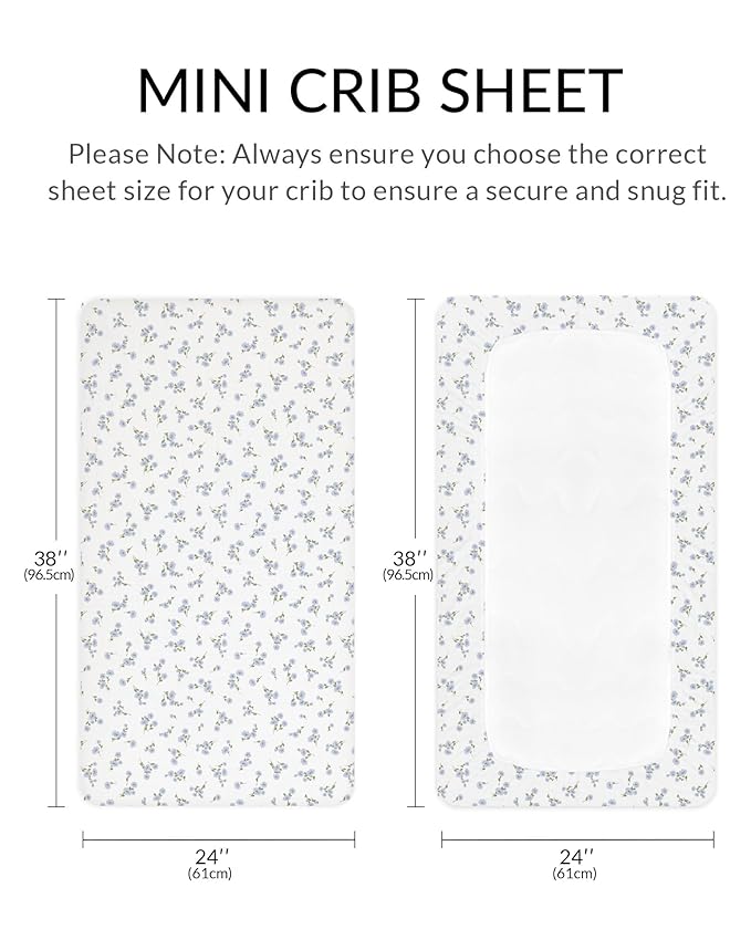 Mini Crib Sheets for Baby Boy Girl 2 Pack, Neutral Mini Crib Mattress Sheet 24" x 38", Muslin Nursery Bedding Soft and Breathable Comfort (Bluebell Bloom & Light Blue)