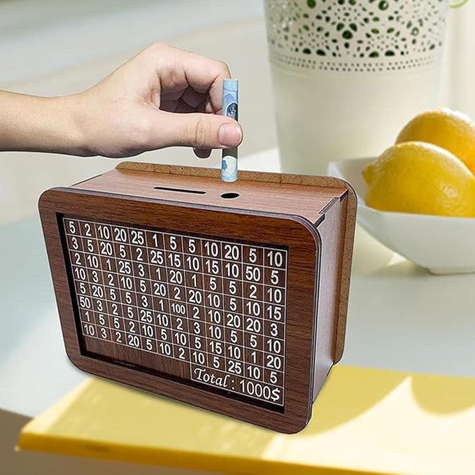 10000 Savings Challenge Box, Money Saving Box with Money Target and Numbers, Cash Vault Wooden Savings Box, Wooden Money Box, Coin Counter Piggy Bank for Adults, Wooden Coin Bank for Kids 1,000