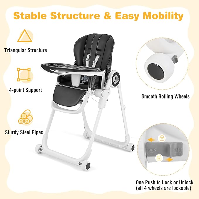 BABY JOY High Chair for Babies & Toddlers, Foldable Highchair with Adjustable Backrest/Footrest/Seat Height, Double Removable Trays, Detachable Seat Cushion, 4 Lockable Wheels (Black)