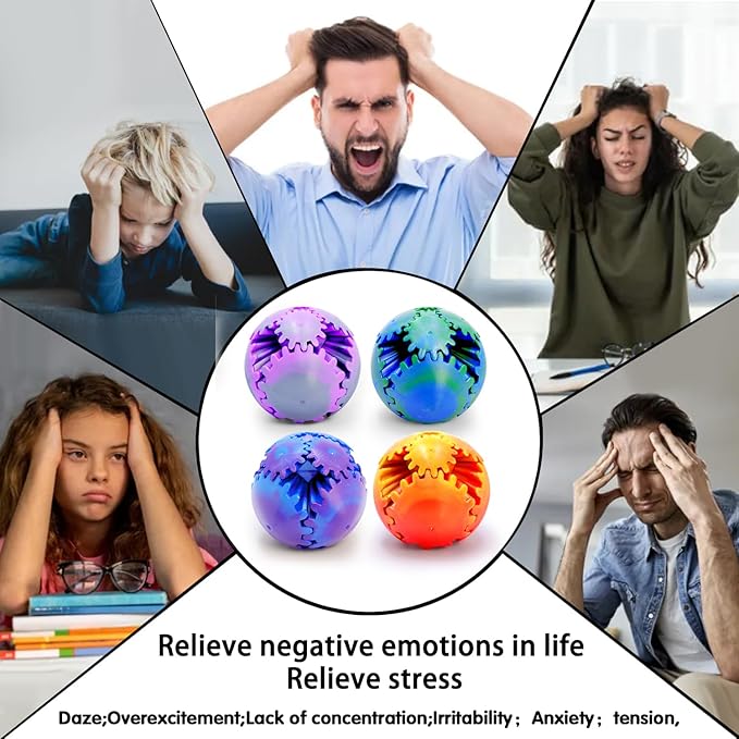 4PCS Gear Ball 3D Printed Spin Ball or Cube Fidget Toy, 2.6 Inch Gear Sphere Fidget Toy,Fidget Gear Sphere Toy for Stress and Anxiety Relief, Gear Sphere Desk Toy for Adults & Kids