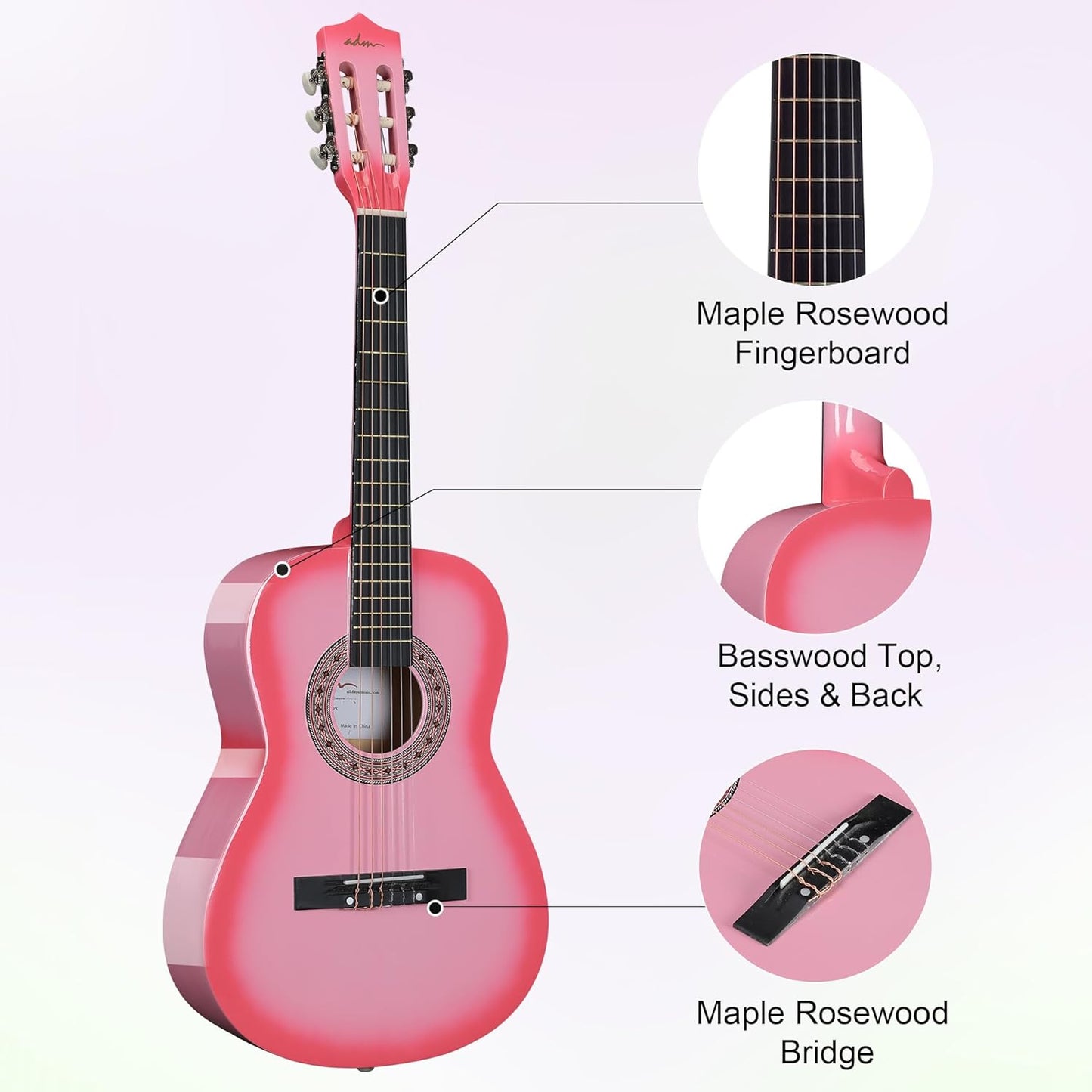 ADM Beginner Acoustic Classical Guitar 36 Inch Nylon Strings Wooden Guitar Bundle Kit for Kid Boy Girl Student Youth Guitarra Online Lessons with Gig Bag, Strap, Tuner, Strings, Picks, Pink