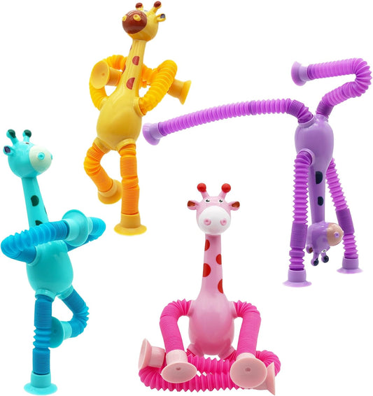 Pop Tube Giraffe Toy, 4 Pack Telescopic Suction Cup Giraffe Toy, Stretchy Giraffe Suction Toy, Pop Tube Fidget Toys for Children with Autism (4 Pack)