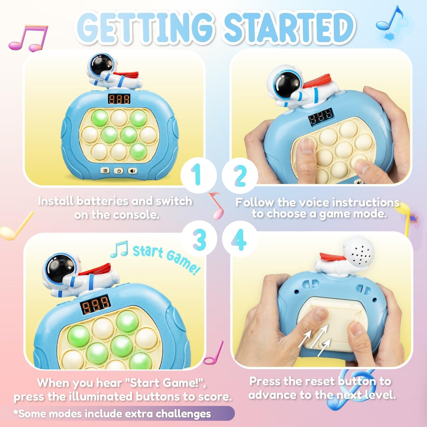 Marlo & Buzz Fast Push Game Toy with Popit Game Controller, Pop Fidget Animal with LED Screen - Sensory and Memory Console, Quick Bubble Light Toy, Pocket Games (Blue Spaceman)