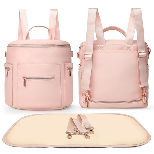 miss fong Pink Diaper Bag Backpack Baby Diaper Bag, Large Leather Diaper Backpack with 16 Pockets Travel Diaper Bag with Diaper Changing Pad,Pink Baby Backpack Stroller Straps & 2 Insulated Pockets