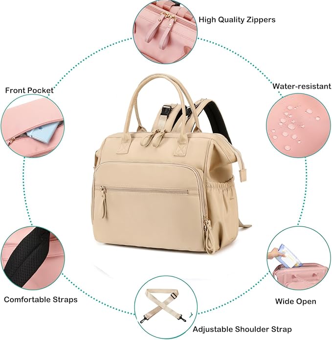 Convertible Diaper Bag Tote, Wide Open Top 14 Pockets Stylish Baby Diaper Bag with Stroller Buckle, Water-resistant (Beige, Large)
