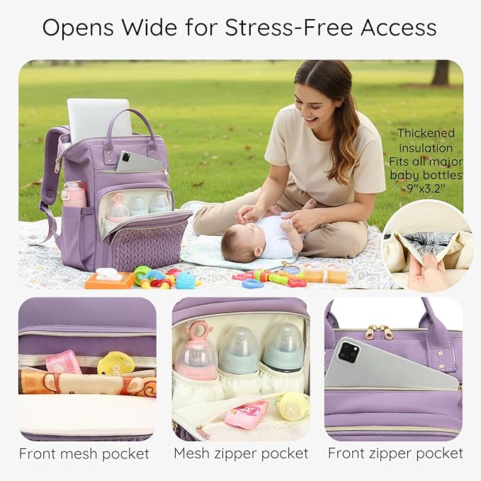 AIJIEKE Diaper Bag, Large Wide-Open Baby Diaper Backpack, Multi-functional Baby Travel Tote Bag, Diaper Bag with Changing Pad, Diaper Bags for Mom & Maternity (Purple)