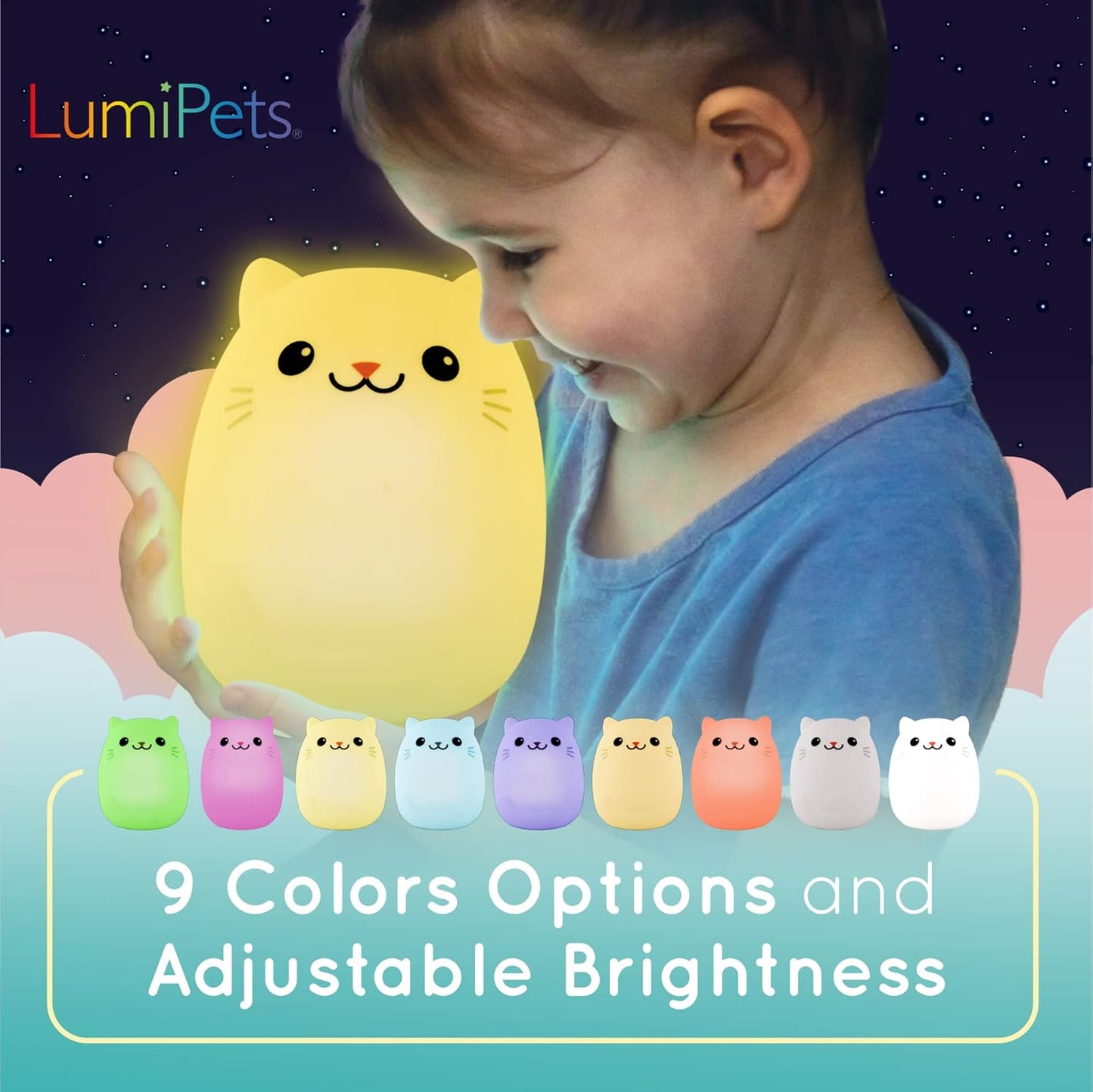 Lumipets Remote Control Silicone Night Light for Kids - Cat Design with 9 Soft Colors & Sleep Timer - Rechargeable, Battery-Operated Lamp for Bedroom | Baby Nursery, Toddler, Girls, Boys