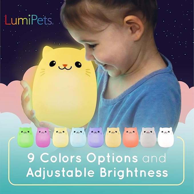 Lumipets Clive The Cat Squishy Silicone Night Light for Kids | Cute Night Light with Remote & Touch Control for Baby & Toddler Bedrooms | Color Changing Portable Animal Nightlight | Kids Mood Lamp