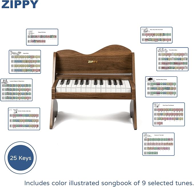 ZIPPY Kids Piano Keyboard, 25 Keys Digital Piano for Kids, Volume Adjustable, Mini Music Educational Instrument Toy, Wood Toy for Toddlers Girls Boys (Walnut)