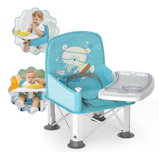 Baby Travel Booster Seat with Double Tray, BabyBond Upgraded Toddler Portable Baby Chair, Booster Seat for Dining Table, Stable and Foldable Booster Baby Chair for Indoor/Outdoor (Blue Sea World)